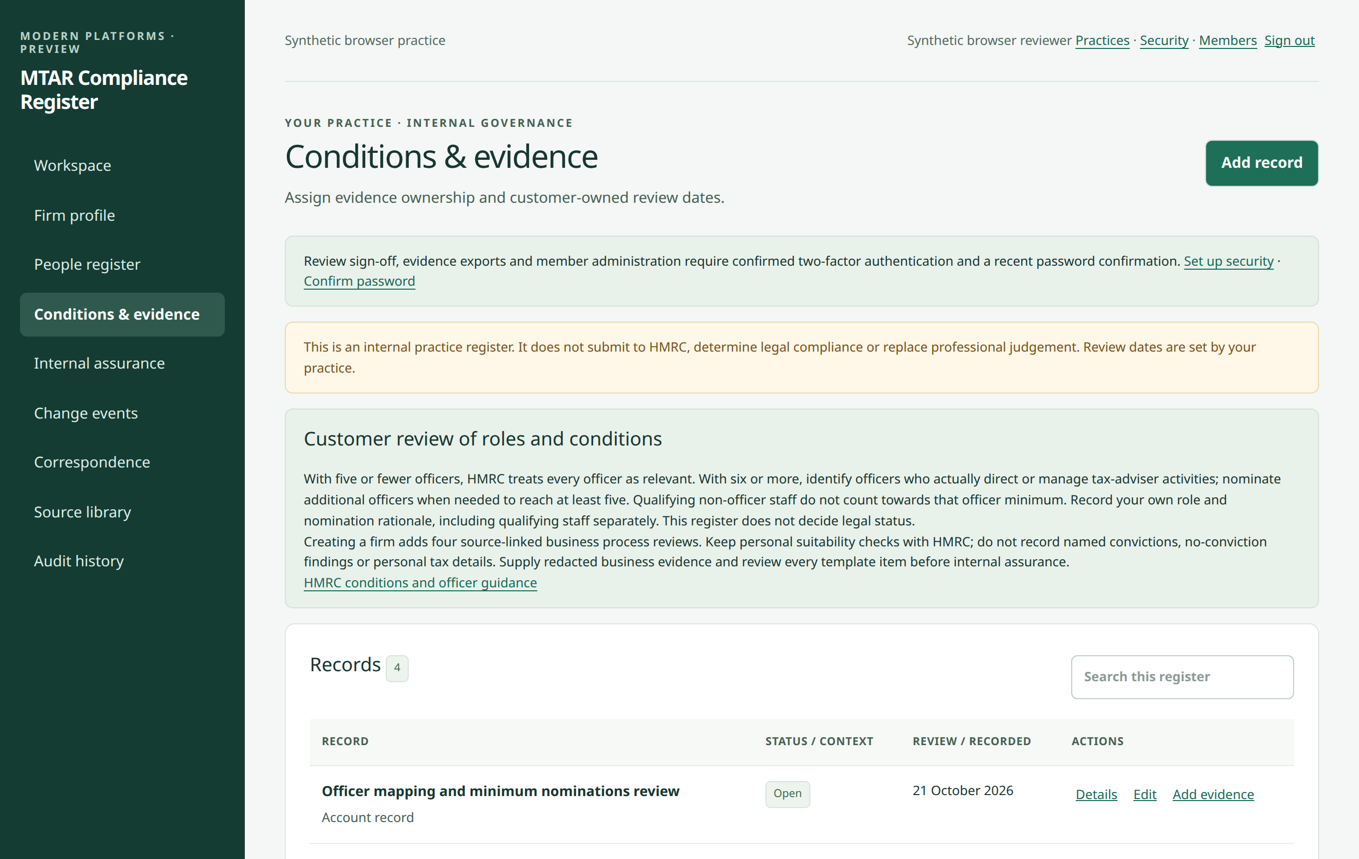 Conditions & evidence screen of the product