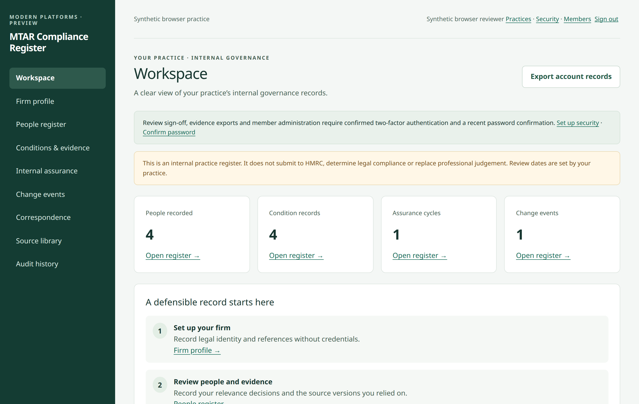 The MTAR Compliance Register workspace overview showing counts of people, conditions, assurance cycles and change events